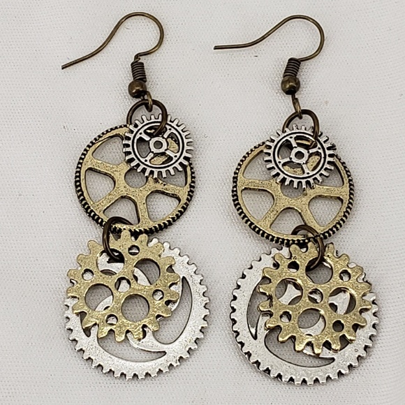 Steampunk Bronze & Silver Gear Earrings - Picture 2 of 3